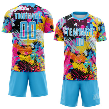 Custom Graffiti Pattern Sky Blue-White Paint Splatter Sublimation Soccer Uniform Jersey