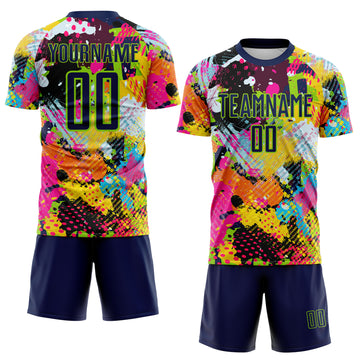 Custom Graffiti Pattern Navy-Neon Green Paint Splatter Sublimation Soccer Uniform Jersey