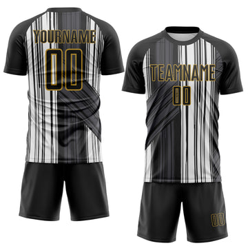 Custom Black White-Old Gold Brush Stroke Fluid Stripes Sublimation Soccer Uniform Jersey