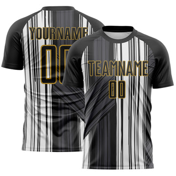 Custom Black White-Old Gold Brush Stroke Fluid Stripes Sublimation Soccer Uniform Jersey