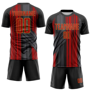 Custom Black Red-Old Gold Brush Stroke Fluid Stripes Sublimation Soccer Uniform Jersey