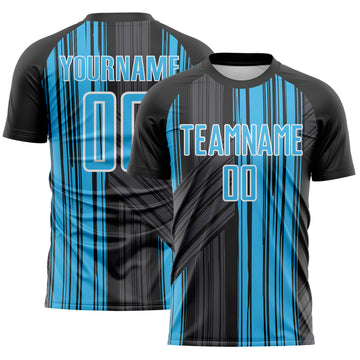 Custom Black Sky Blue-White Brush Stroke Fluid Stripes Sublimation Soccer Uniform Jersey