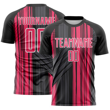 Custom Black Neon Pink-White Brush Stroke Fluid Stripes Sublimation Soccer Uniform Jersey