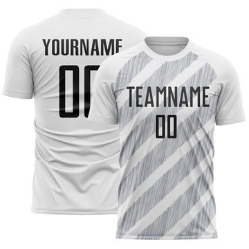 Custom White Black-Gray Diagonal Stripes Sublimation Soccer Uniform Jersey