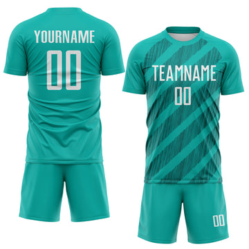 Custom Aqua White-Teal Diagonal Stripes Sublimation Soccer Uniform Jersey