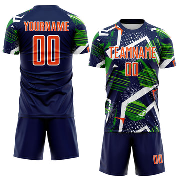 Custom Navy Orange Green-White Geometric Asymmetry Shatter Sublimation Soccer Uniform Jersey