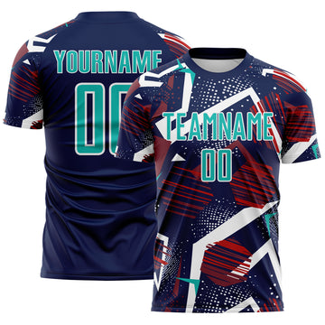 Custom Navy Aqua Red White-Black Geometric Asymmetry Shatter Sublimation Soccer Uniform Jersey