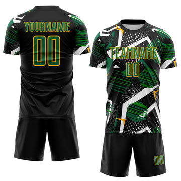 Custom Black Kelly Green White-Gold Geometric Asymmetry Shatter Sublimation Soccer Uniform Jersey