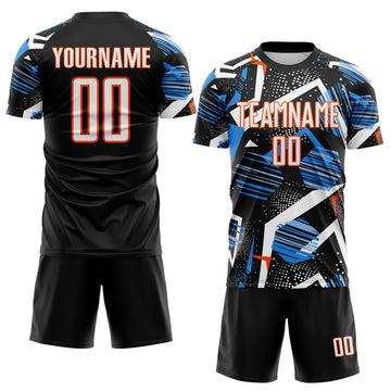 Custom Black White Blue-Orange Geometric Asymmetry Shatter Sublimation Soccer Uniform Jersey