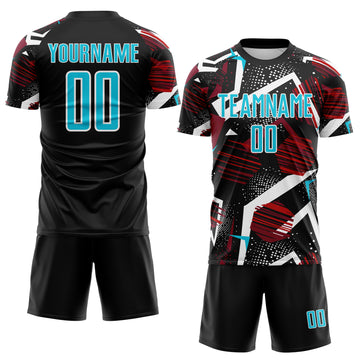 Custom Black Lakes Blue Red-White Geometric Asymmetry Shatter Sublimation Soccer Uniform Jersey
