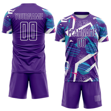 Custom Purple Blue Pink-White Geometric Asymmetry Shatter Sublimation Soccer Uniform Jersey