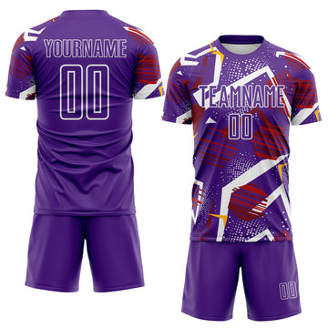 Custom Purple Red Gold-White Geometric Asymmetry Shatter Sublimation Soccer Uniform Jersey