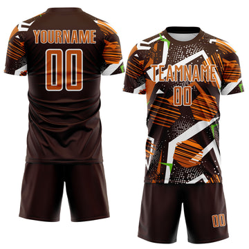 Custom Brown Texas Orange Neon Green-White Geometric Asymmetry Shatter Sublimation Soccer Uniform Jersey