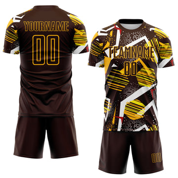 Custom Brown Red White-Gold Geometric Asymmetry Shatter Sublimation Soccer Uniform Jersey