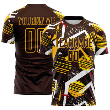Custom Brown Red White-Gold Geometric Asymmetry Shatter Sublimation Soccer Uniform Jersey