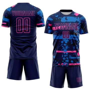 Custom Navy Pink-Blue Abstract Geometric Stripe Fragment Sublimation Soccer Uniform Jersey