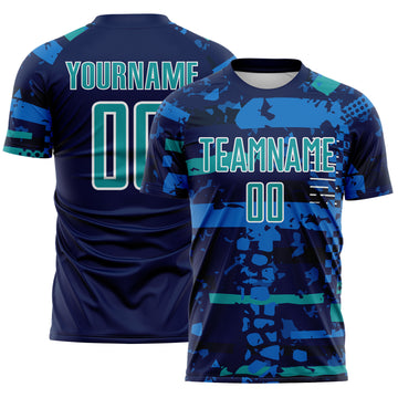 Custom Navy Teal Blue-White Abstract Geometric Stripe Fragment Sublimation Soccer Uniform Jersey