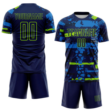 Custom Navy Neon Green-Blue Abstract Geometric Stripe Fragment Sublimation Soccer Uniform Jersey