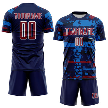 Custom Navy Crimson Blue-White Abstract Geometric Stripe Fragment Sublimation Soccer Uniform Jersey