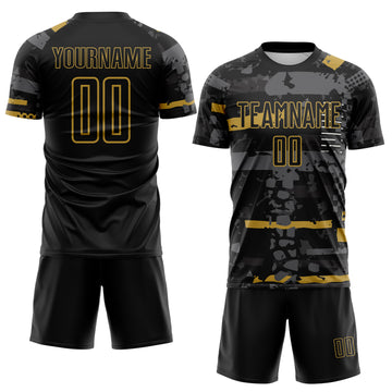 Custom Black Old Gold-Gray Abstract Geometric Stripe Fragment Sublimation Soccer Uniform Jersey
