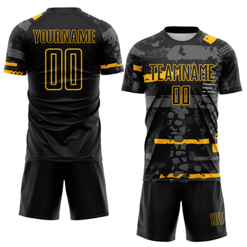 Custom Black Gold-Gray Abstract Geometric Stripe Fragment Sublimation Soccer Uniform Jersey