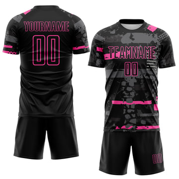 Custom Black Pink-Gray Abstract Geometric Stripe Fragment Sublimation Soccer Uniform Jersey