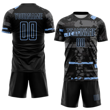 Custom Black Light Blue-Gray Abstract Geometric Stripe Fragment Sublimation Soccer Uniform Jersey