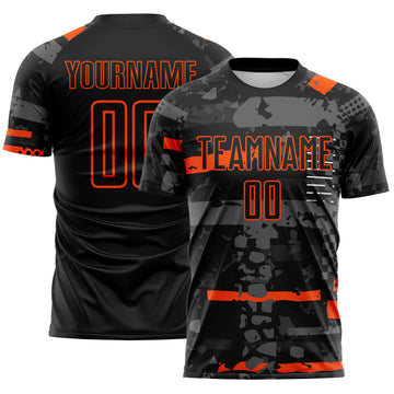 Custom Black Orange-Gray Abstract Geometric Stripe Fragment Sublimation Soccer Uniform Jersey
