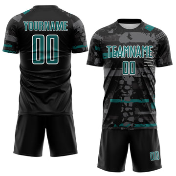 Custom Black Teal Gray-White Abstract Geometric Stripe Fragment Sublimation Soccer Uniform Jersey