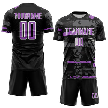 Custom Black Medium Purple Gray-White Abstract Geometric Stripe Fragment Sublimation Soccer Uniform Jersey