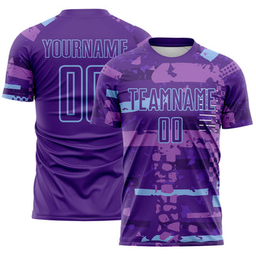 Custom Purple-Light Blue Abstract Geometric Stripe Fragment Sublimation Soccer Uniform Jersey