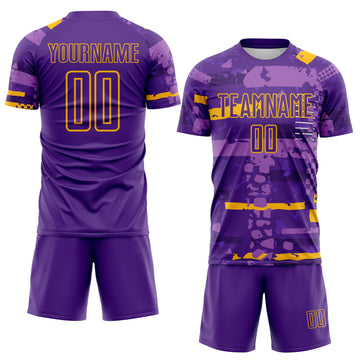 Custom Purple-Gold Abstract Geometric Stripe Fragment Sublimation Soccer Uniform Jersey