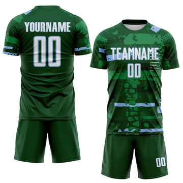 Custom Green White-Light Blue Abstract Geometric Stripe Fragment Sublimation Soccer Uniform Jersey