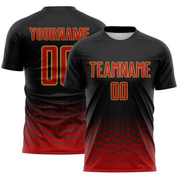 Custom Black Red-Old Gold Fade Wave Lines Splatter Sublimation Soccer Uniform Jersey