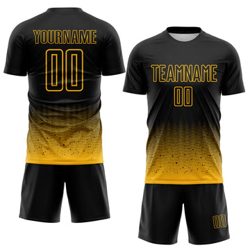 Custom Black-Gold Fade Wave Lines Splatter Sublimation Soccer Uniform Jersey
