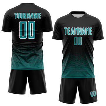 Custom Black Teal-White Fade Wave Lines Splatter Sublimation Soccer Uniform Jersey