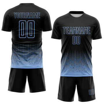 Custom Black-Light Blue Fade Wave Lines Splatter Sublimation Soccer Uniform Jersey