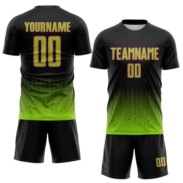 Custom Black Neon Green-Pink Fade Wave Lines Splatter Sublimation Soccer Uniform Jersey