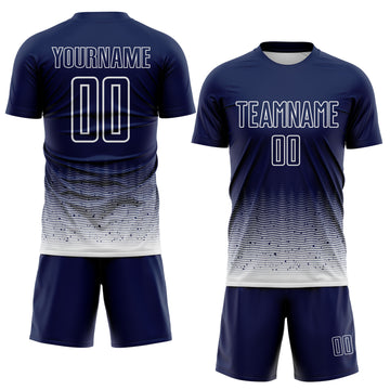 Custom Navy-White Fade Wave Lines Splatter Sublimation Soccer Uniform Jersey