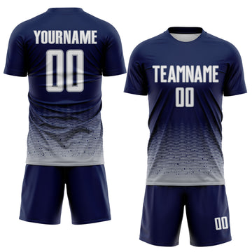 Custom Navy White-Gray Fade Wave Lines Splatter Sublimation Soccer Uniform Jersey