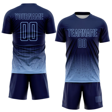 Custom Navy-Light Blue Fade Wave Lines Splatter Sublimation Soccer Uniform Jersey