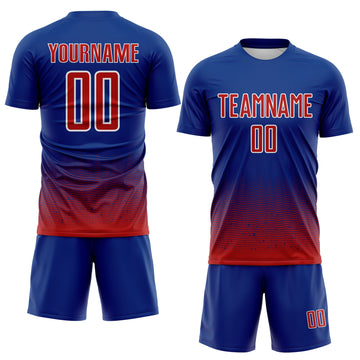 Custom Royal Red-White Fade Wave Lines Splatter Sublimation Soccer Uniform Jersey