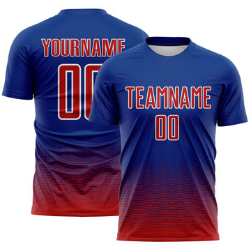Custom Royal Red-White Fade Wave Lines Splatter Sublimation Soccer Uniform Jersey