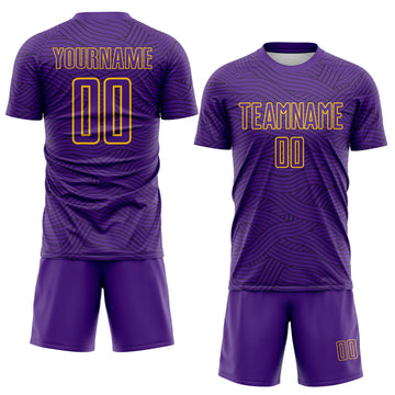 Custom Purple Black-Gold Abstract Wave Lines Interlocking Sublimation Soccer Uniform Jersey