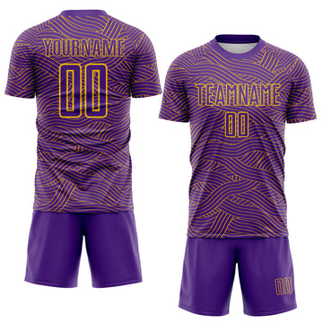 Custom Purple-Gold Abstract Wave Lines Interlocking Sublimation Soccer Uniform Jersey