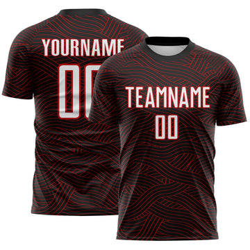Custom Black White-Red Abstract Wave Lines Interlocking Sublimation Soccer Uniform Jersey