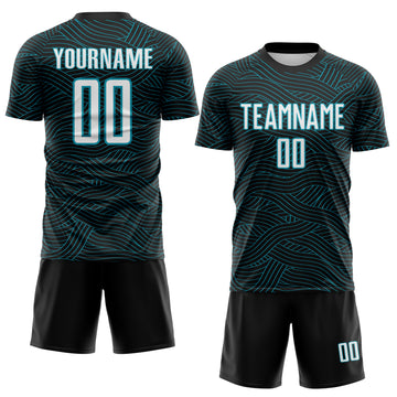 Custom Black White-Teal Abstract Wave Lines Interlocking Sublimation Soccer Uniform Jersey