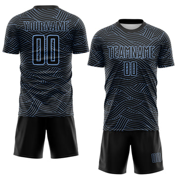 Custom Black-Light Blue Abstract Wave Lines Interlocking Sublimation Soccer Uniform Jersey
