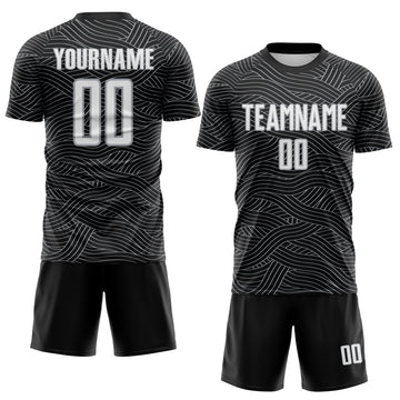 Custom Black White-Gray Abstract Wave Lines Interlocking Sublimation Soccer Uniform Jersey