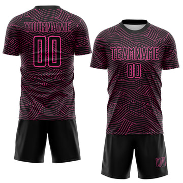 Custom Black-Pink Abstract Wave Lines Interlocking Sublimation Soccer Uniform Jersey